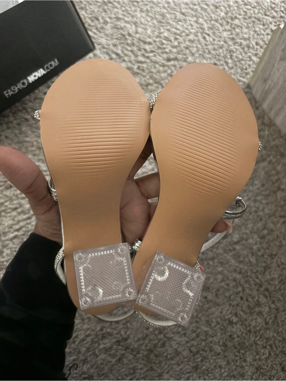 SHEIN Clear Block Heel Sandals with Silver Straps and Nude Soles